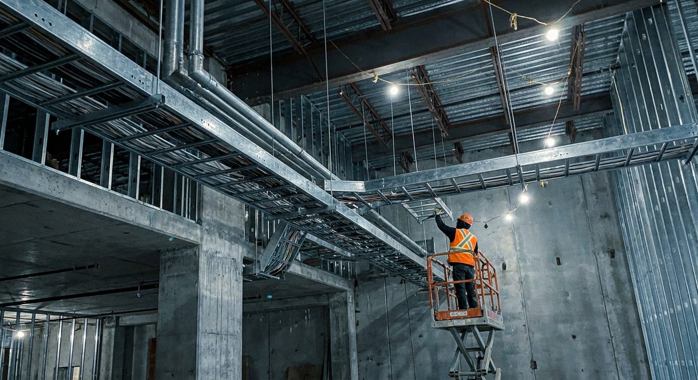 Câblage électrique d'un bâtiment commercial en construction